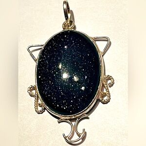 “Night Star” goldstone natural stone .925 sterling plated pendant